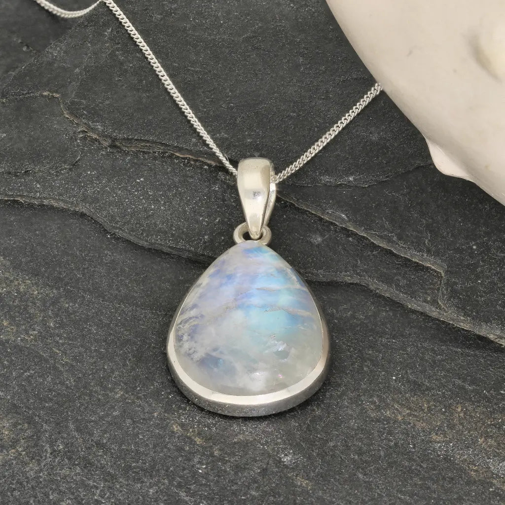 Celestial Glow: Rainbow Moonstone Sterling Silver Necklace