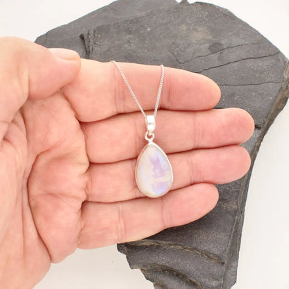 Celestial Glow: Rainbow Moonstone Sterling Silver Necklace