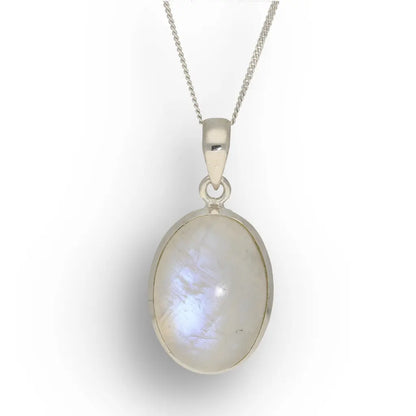 Celestial Glow: Oval Rainbow Moonstone Sterling Silver Necklace