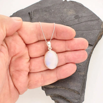 Celestial Glow: Oval Rainbow Moonstone Sterling Silver Necklace