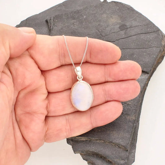 Celestial Glow: Oval Rainbow Moonstone Sterling Silver Necklace