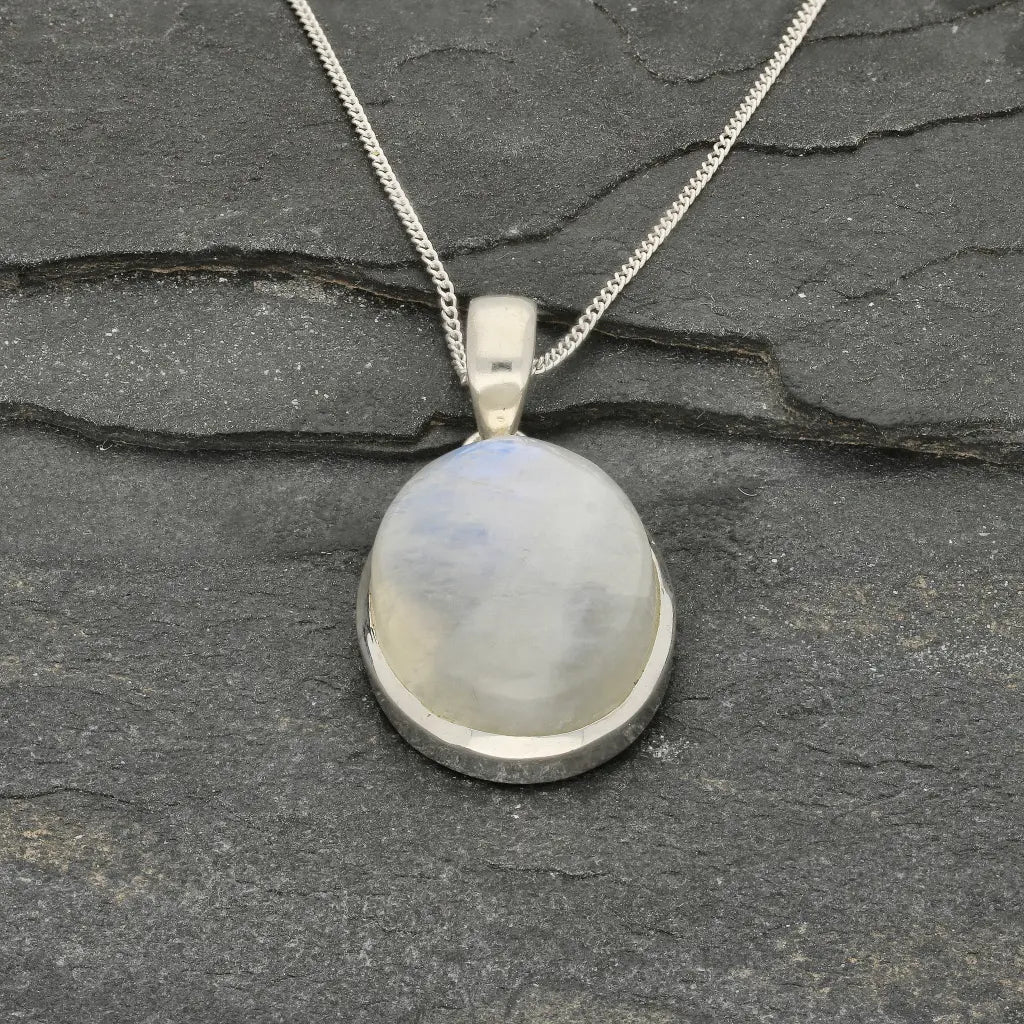 Celestial Glow: Oval Rainbow Moonstone Sterling Silver Necklace
