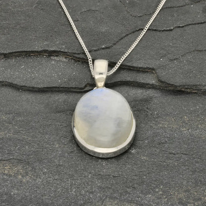Celestial Glow: Oval Rainbow Moonstone Sterling Silver Necklace
