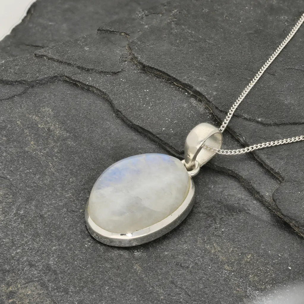 Celestial Glow: Oval Rainbow Moonstone Sterling Silver Necklace