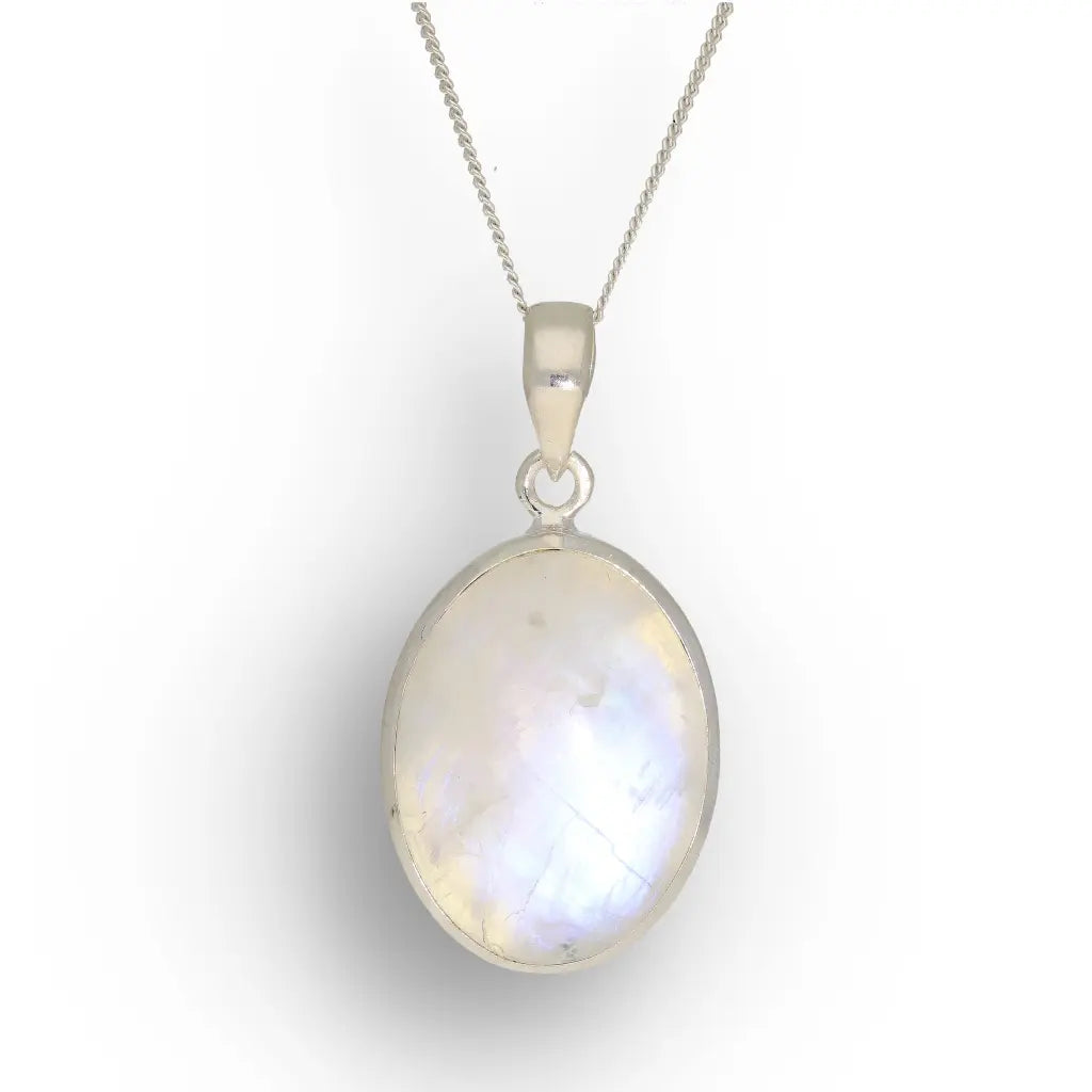 Celestial Glow: Oval Rainbow Moonstone Sterling Silver Necklace