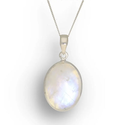 Celestial Glow: Oval Rainbow Moonstone Sterling Silver Necklace