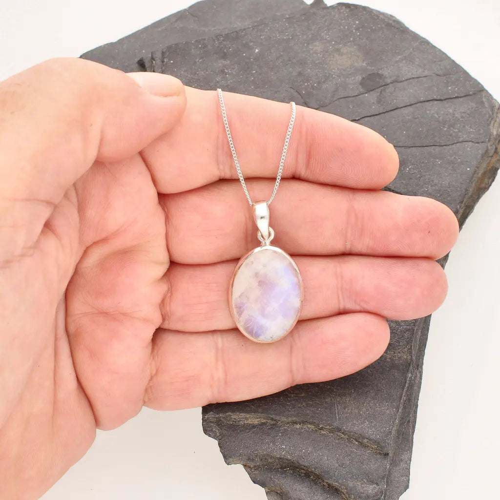 Celestial Glow: Oval Rainbow Moonstone Sterling Silver Necklace