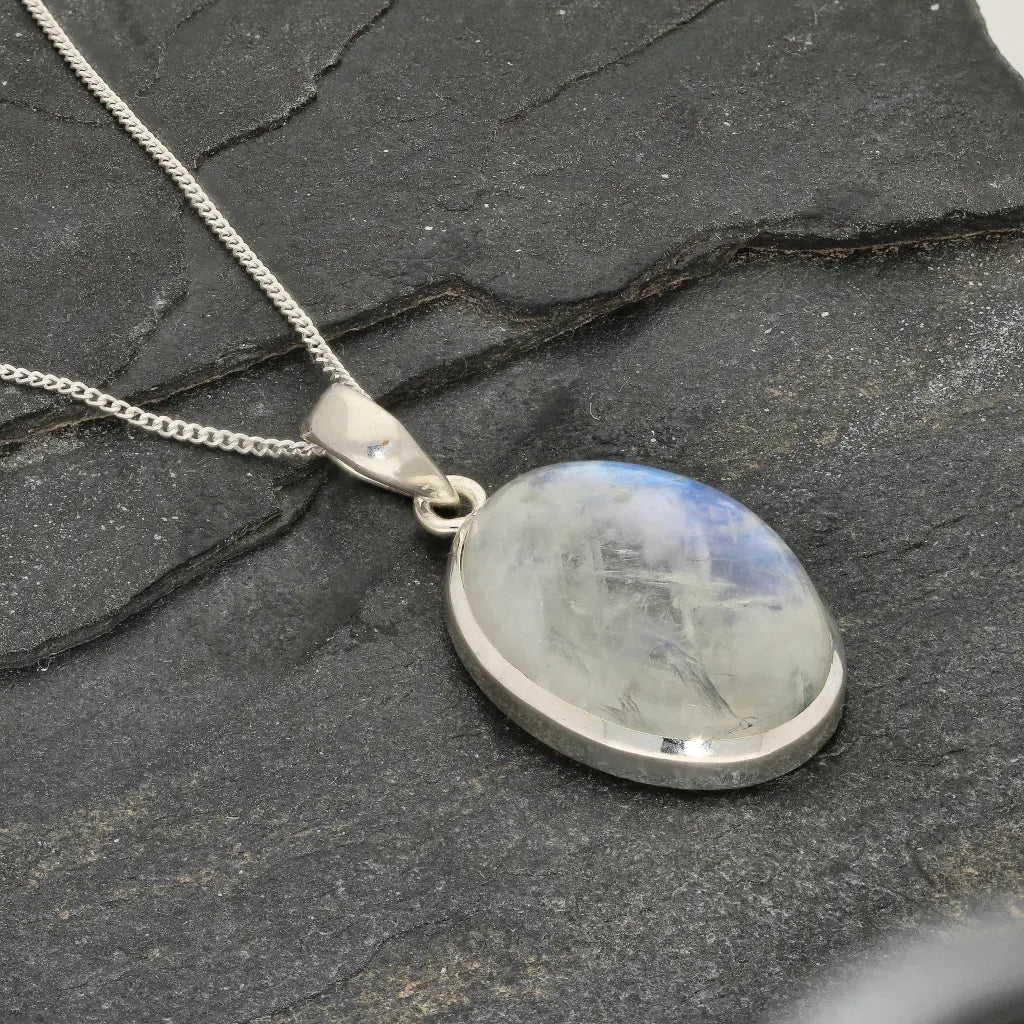 Celestial Glow: Oval Rainbow Moonstone Sterling Silver Necklace