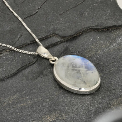 Celestial Glow: Oval Rainbow Moonstone Sterling Silver Necklace