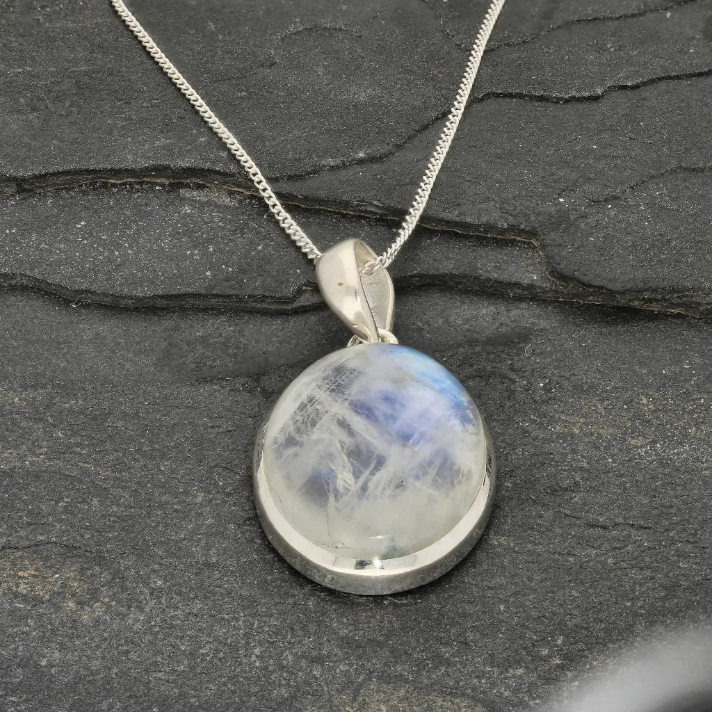 Celestial Glow: Oval Rainbow Moonstone Sterling Silver Necklace
