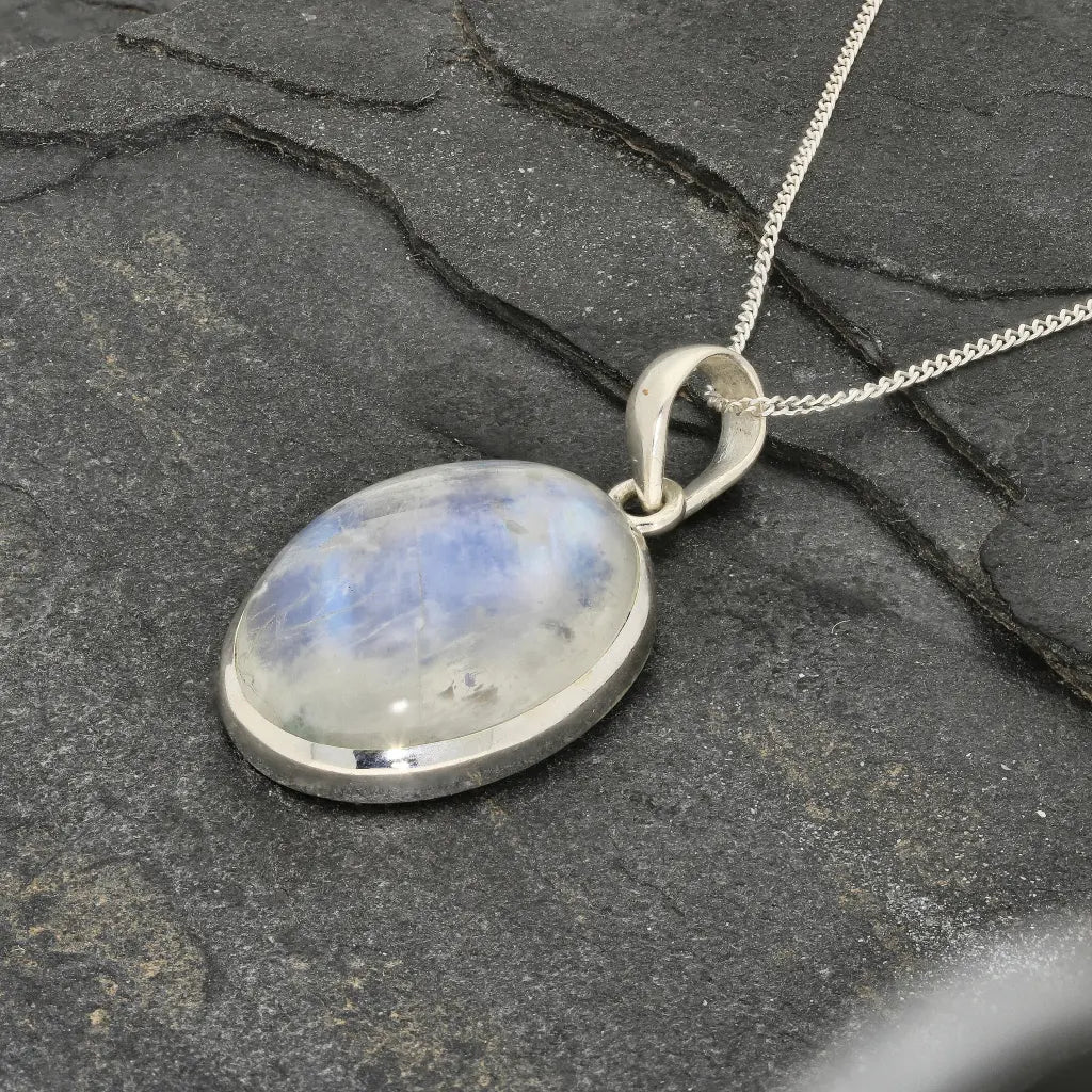 Celestial Glow: Oval Rainbow Moonstone Sterling Silver Necklace