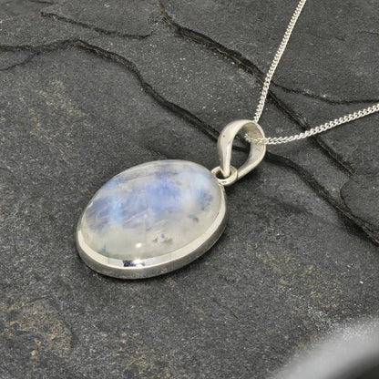 Celestial Glow: Oval Rainbow Moonstone Sterling Silver Necklace