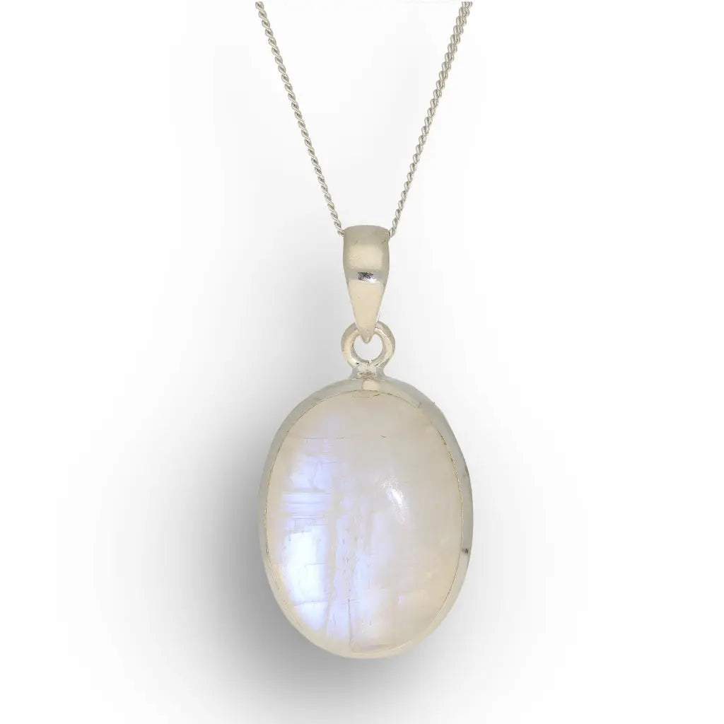 Celestial Glow: Oval Rainbow Moonstone Sterling Silver Necklace