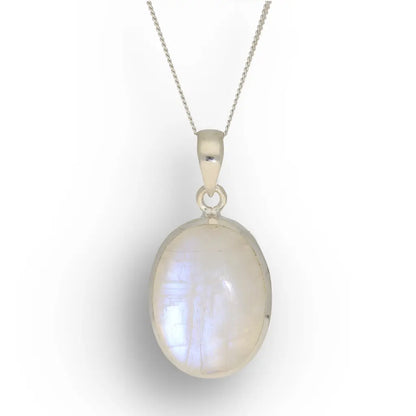 Celestial Glow: Oval Rainbow Moonstone Sterling Silver Necklace