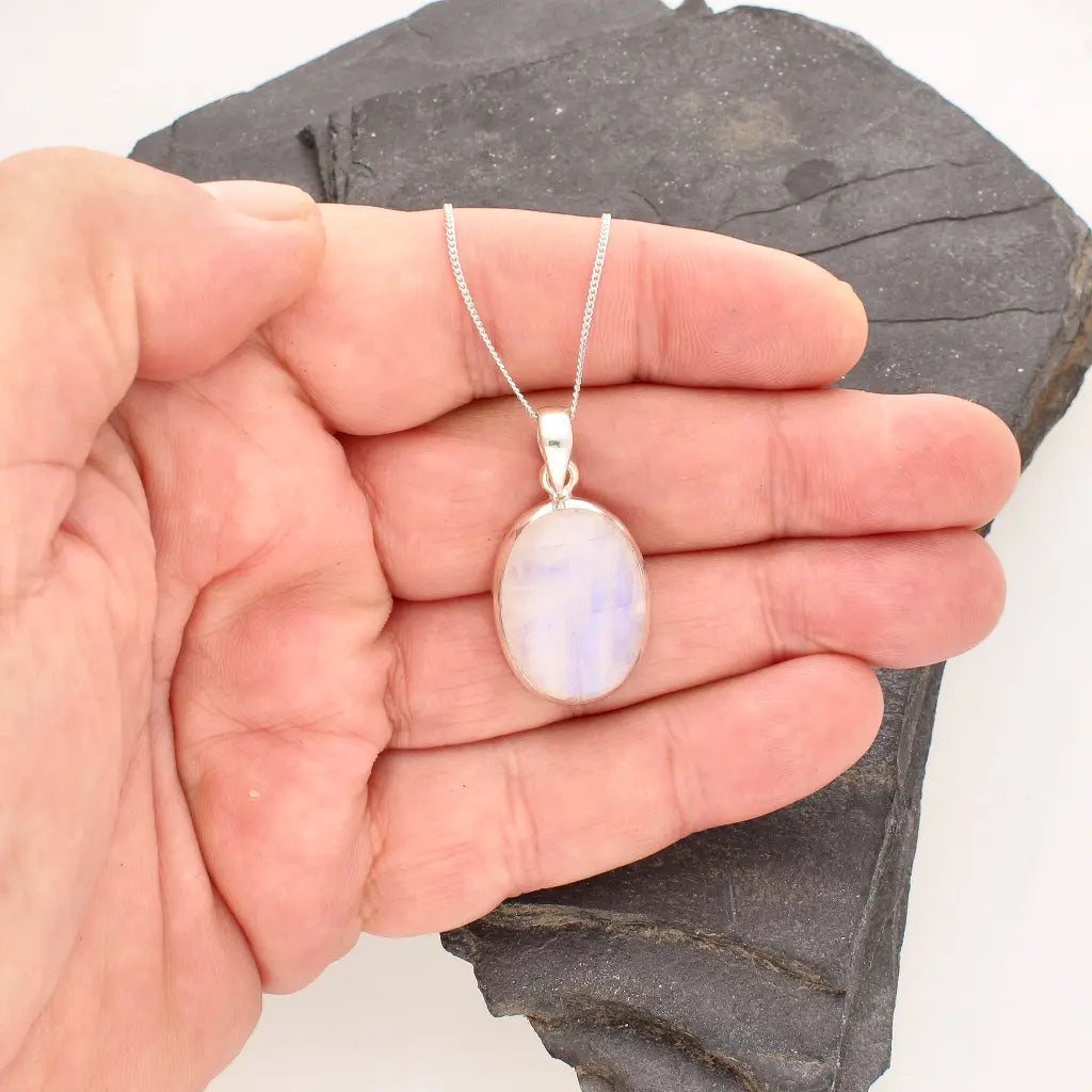 Celestial Glow: Oval Rainbow Moonstone Sterling Silver Necklace