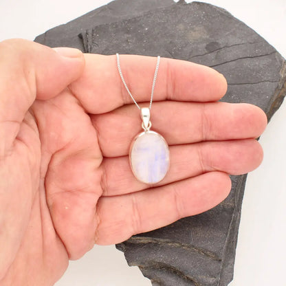 Celestial Glow: Oval Rainbow Moonstone Sterling Silver Necklace