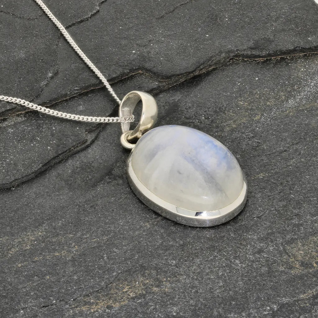 Celestial Glow: Oval Rainbow Moonstone Sterling Silver Necklace