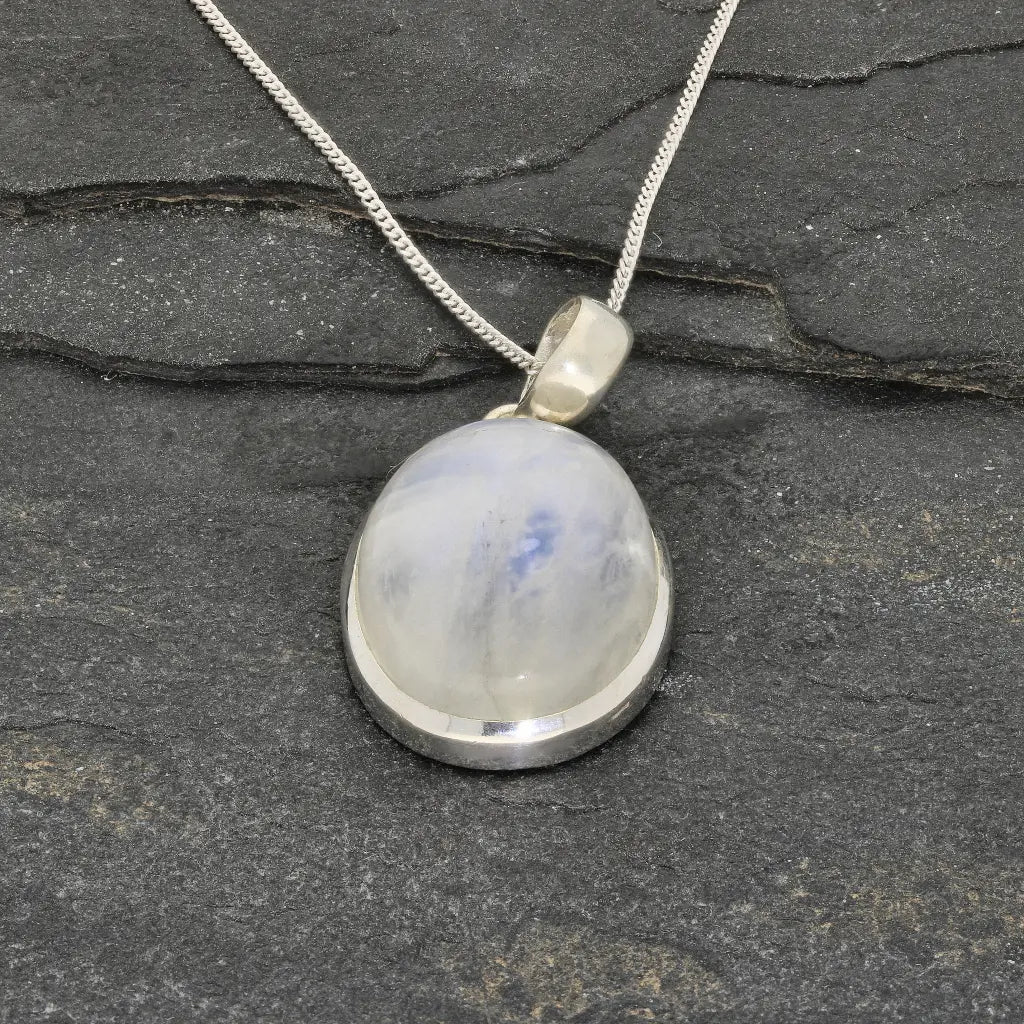 Celestial Glow: Oval Rainbow Moonstone Sterling Silver Necklace