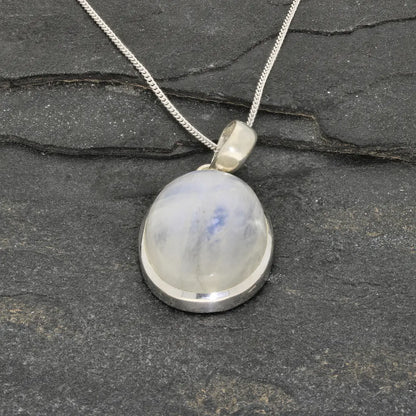Celestial Glow: Oval Rainbow Moonstone Sterling Silver Necklace