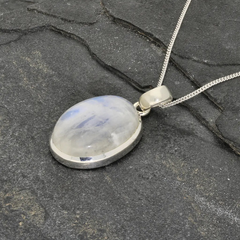 Celestial Glow: Oval Rainbow Moonstone Sterling Silver Necklace