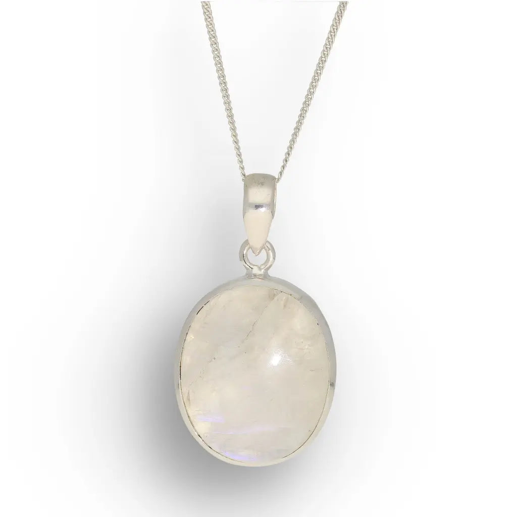 Celestial Glow: Oval Rainbow Moonstone Sterling Silver Necklace