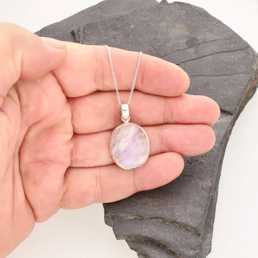 Celestial Glow: Oval Rainbow Moonstone Sterling Silver Necklace