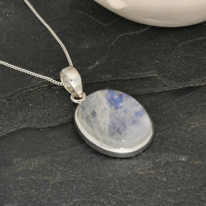 Celestial Glow: Oval Rainbow Moonstone Sterling Silver Necklace