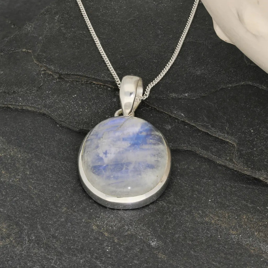 Celestial Glow: Oval Rainbow Moonstone Sterling Silver Necklace
