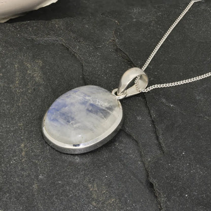 Celestial Glow: Oval Rainbow Moonstone Sterling Silver Necklace