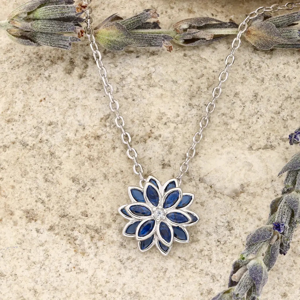 Get your Royal Azure: Sapphire-Blue Cubic Zirconia Sterling Silver Flower Necklace online now or in store at Forever Gems in Franschhoek, South Africa