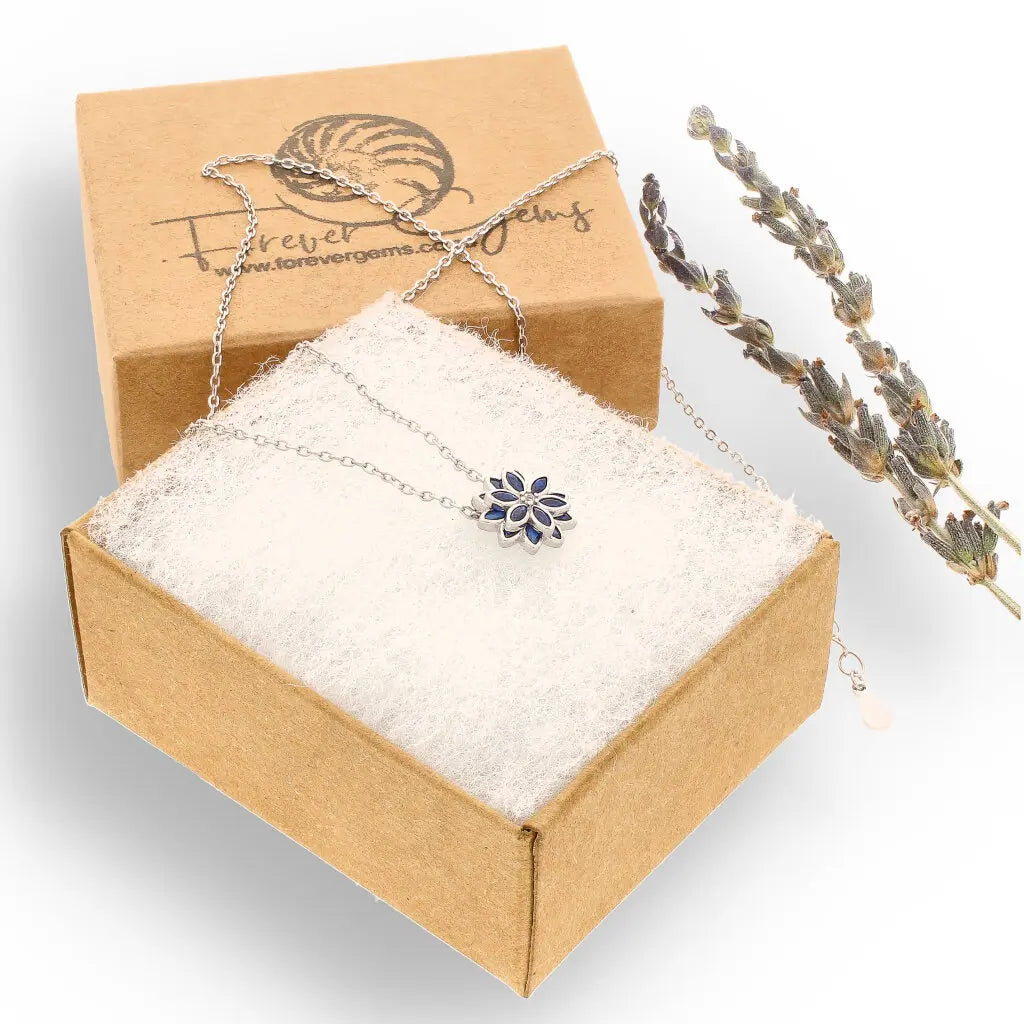 Get your Royal Azure: Sapphire-Blue Cubic Zirconia Sterling Silver Flower Necklace online now or in store at Forever Gems in Franschhoek, South Africa