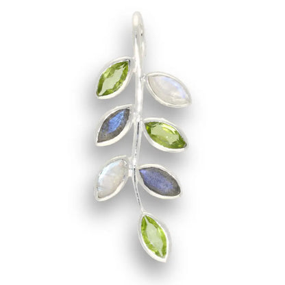 Sterling silver botanical branch pendant with marquise Peridot, Rainbow Moonstone and Labradorite gemstones.