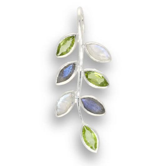 Sterling silver botanical branch pendant with marquise Peridot, Rainbow Moonstone and Labradorite gemstones.