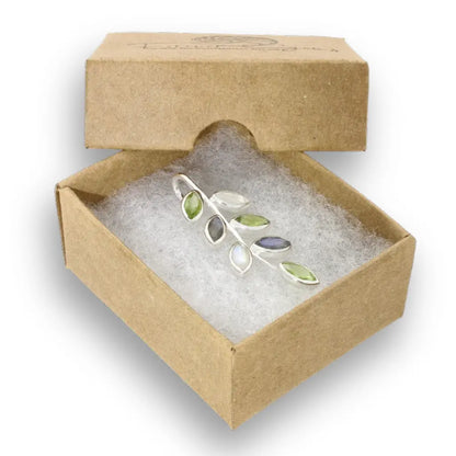 Sterling silver botanical branch pendant with marquise Peridot, Rainbow Moonstone and Labradorite gemstones.