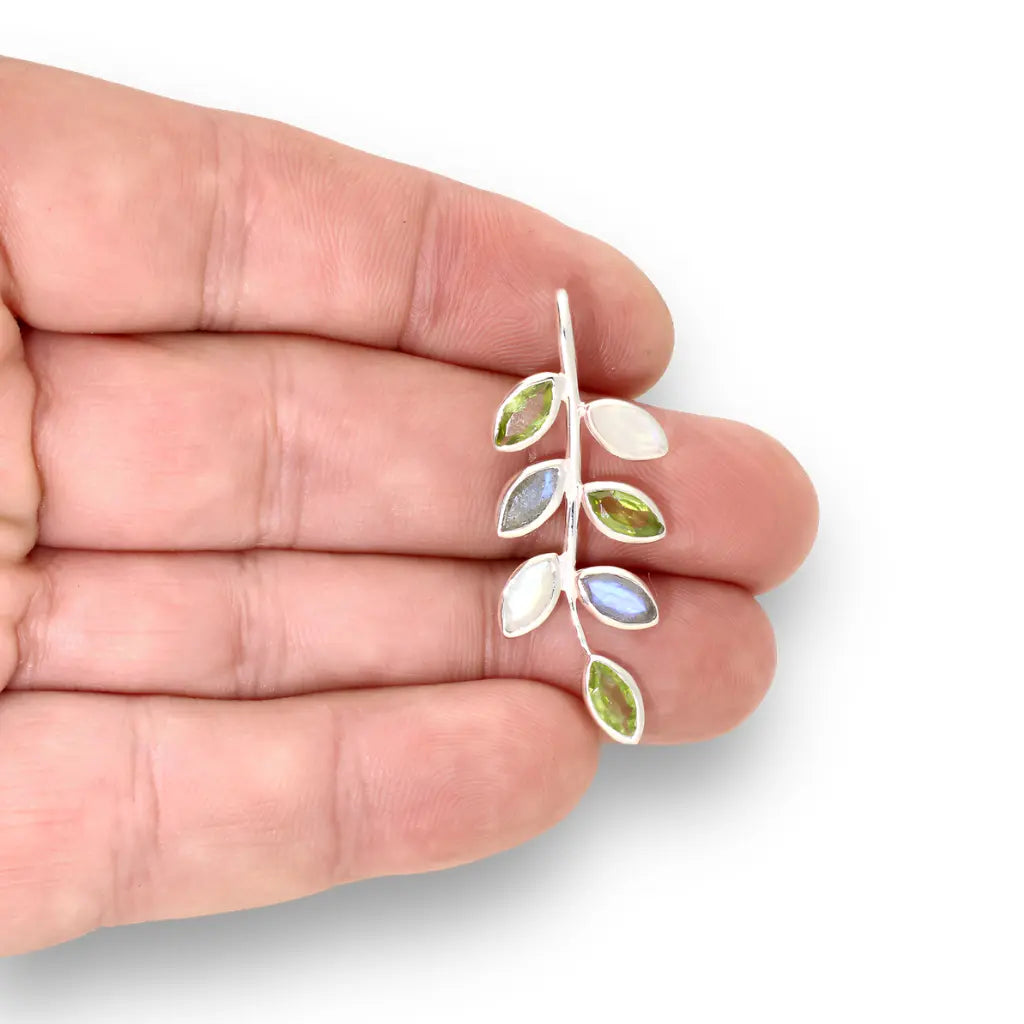 Sterling silver botanical branch pendant with marquise Peridot, Rainbow Moonstone and Labradorite gemstones.