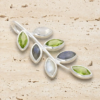 Sterling silver botanical branch pendant with marquise Peridot, Rainbow Moonstone and Labradorite gemstones.