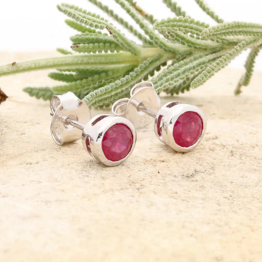 Natural Ruby Bezel Stud Earrings in 925 Sterling Silver Tube Setting