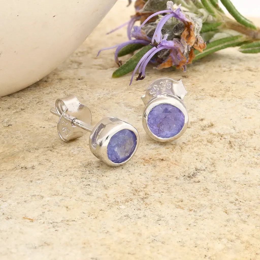 Sterling Silver Tanzanite Bezel Stud Earrings