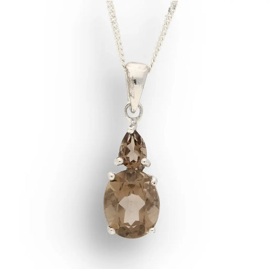 Silver pendant with a brown gemstone on a white background