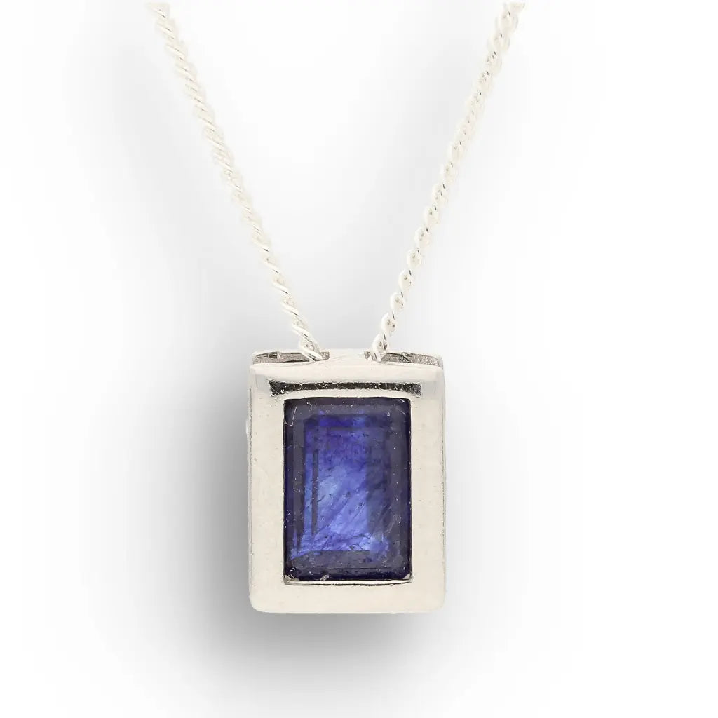 Luxury Natural Sapphire Rectangle Necklace, Sterling Silver