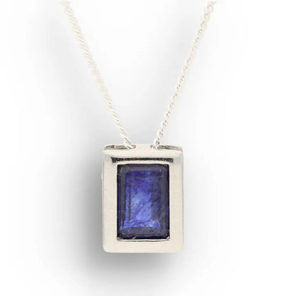 Luxury Natural Sapphire Rectangle Necklace, Sterling Silver