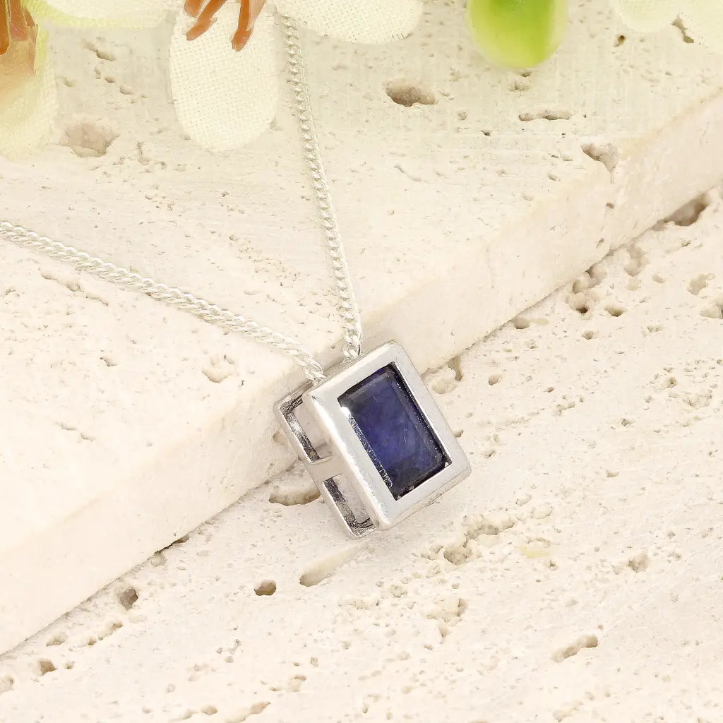 Luxury Natural Sapphire Rectangle Necklace, Sterling Silver