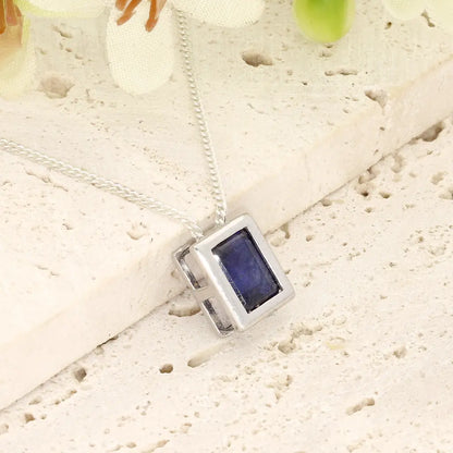 Luxury Natural Sapphire Rectangle Necklace, Sterling Silver