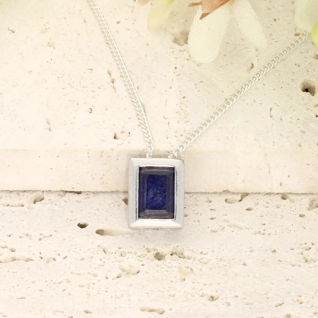 Luxury Natural Sapphire Rectangle Necklace, Sterling Silver
