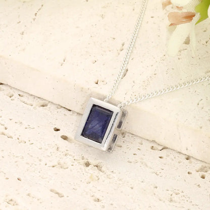 Luxury Natural Sapphire Rectangle Necklace, Sterling Silver