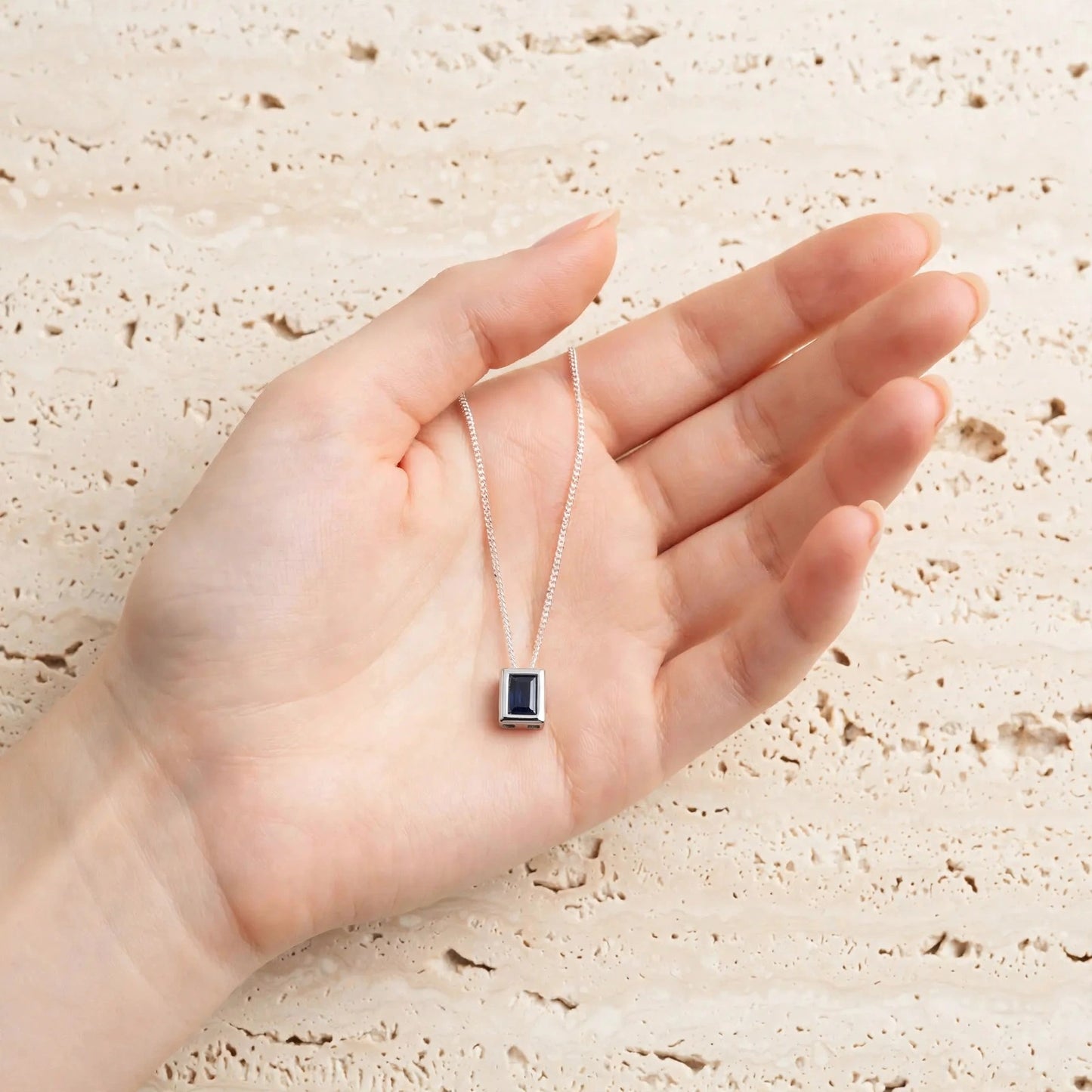Luxury Natural Sapphire Rectangle Necklace, Sterling Silver