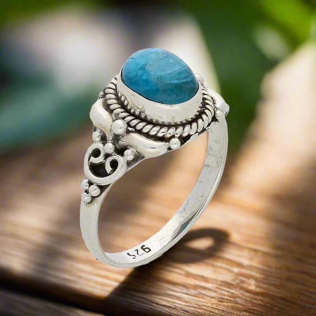 Buy your Apatite Sterling Silver Ring – Ocean Blue Beauty with Vintage Charm online now or in store at Forever Gems in Franschhoek, South Africa