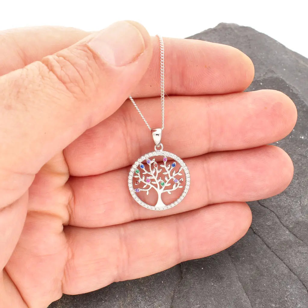 Sterling Silver Tree of Life Necklace with Cubic Zirconia Gems