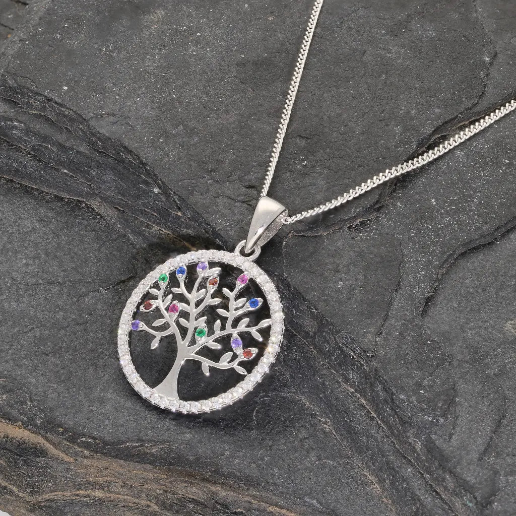 Sterling Silver Tree of Life Necklace with Cubic Zirconia Gems