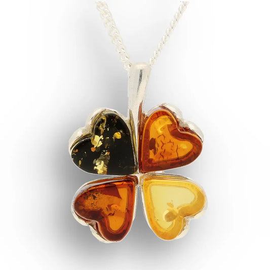 Natural Amber Four Leaf Clover Sterling Silver Necklace